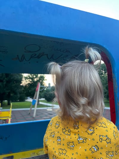 In Preobragenskaya, Russia, a young child with blonde hair styled in two pigtails looks out from inside a blue structure, possibly part of a playground or playhouse. The child is wearing a yellow long-sleeved shirt adorned with a pattern of small cartoon foxes. The background reveals a park-like setting with green trees, a swingset, and what appears to be a playground surface. The blue structure's interior surface is marked with graffiti.