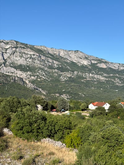 The image depicts a mountainous landscape with a clear blue sky. In the mid-ground, there are several houses with red roofs nestled among lush green trees. A prominent rocky mountain range with sparse vegetation dominates the background. The foreground features dry grass, rocks, and dense green bushes, with a low stone wall running along a slight incline. The scene appears to be a rural setting, likely in the city of Cerovo, Montenegro, based on the provided context. There are no people visible in the image.