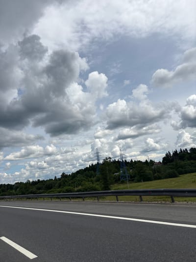 This is a wide-angle, ground-level shot of an asphalt road with a white line marking. A metal guardrail runs parallel to the road, separating it from a grassy embankment. Beyond the embankment is a dense forest with tall trees, and in the distance, there are two tall, blue electrical pylons visible amongst the trees. The sky is overcast with heavy, dark clouds, suggesting a cloudy day. The scene appears to be located on the outskirts of the city of Shcheglovo, Russia, possibly on a highway or major road that passes through a rural or forested area. There are no people or vehicles in the image.