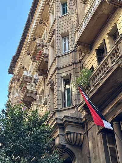 Low angle shot of a building facade, likely located in Cairo, Egypt. The building is constructed of stone, with ornate architectural details including decorative carvings, window boxes, and cornices. A black, white, and red flag hangs from the building. A small tree or plant grows from a window space. A tree blocks the street view. The sky is visible in the bottom left.