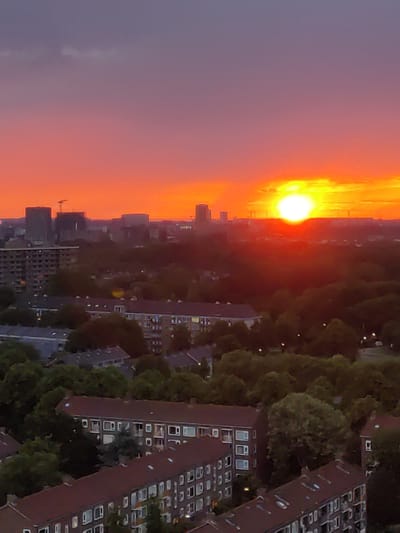 An aerial view captures a sunset over the city of Rijswijk, Netherlands. The sky transitions from a deep purple in the upper portion to vibrant oranges and yellows near the horizon, where the sun is a bright, intense orb. In the distance, the silhouettes of buildings and a crane are visible against the colorful sky. The mid-ground is dominated by rows of apartment buildings with dark roofs, interspersed with dense green trees. Some windows in the buildings are illuminated, suggesting occupancy. The foreground also features more apartment buildings with red-tiled roofs, some with visible chimneys. The overall scene depicts a residential area experiencing the warm glow of a setting sun.
