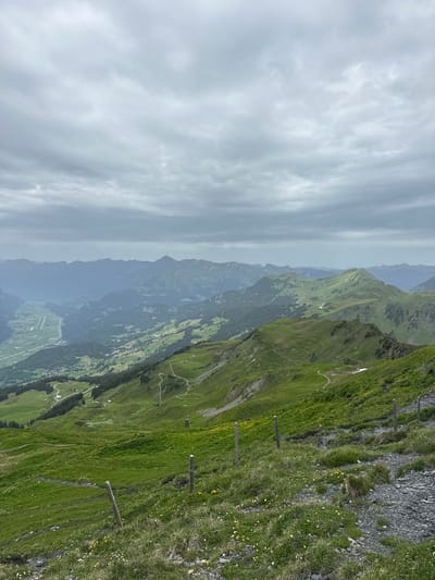 This image depicts a panoramic view of a mountainous landscape, likely in Hasliberg Reuti, Switzerland, under a cloudy sky. The foreground features a steep, grassy slope dotted with small wildflowers and a gravel path with wooden fence posts. A winding dirt path is visible traversing the mid-ground, leading through rolling green hills. In the background, a valley unfolds with scattered houses and trees, eventually leading to a range of larger, mist-shrouded mountains. The overall impression is one of a serene, natural environment. There are no people or animals visible in the scene.