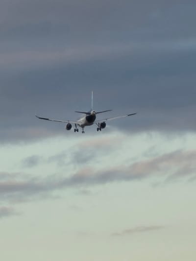 An airplane is captured in mid-flight against a cloudy sky. The aircraft is facing the camera, with its landing gear extended, suggesting it is either preparing to land or has just taken off. The sky is a mixture of dark gray and lighter, pastel-colored clouds, indicating a potentially overcast or twilight condition. The airplane itself is predominantly white with a dark underside and engines. Its tail fin is clearly visible, pointing upwards. The scene appears to be an aerial view, not specifically tied to the city of Flörsheim, Germany, as there are no identifiable landmarks or urban elements present in the image.