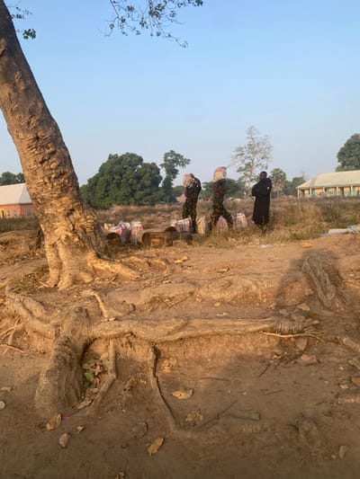 Three soldiers in camouflage carry sacks in a field. An individual in a long black garment is beside them. Sacks line the ground. A large tree with exposed roots is in the foreground. A building is in the background. The scene seems rural.