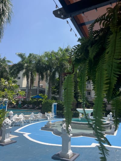 This image depicts a resort swimming pool area with a bright blue surface, accented by white borders. Several white tables and chairs are arranged on the blue surface, suggesting an outdoor dining or seating area. In the background, palm trees and lush greenery are visible, with a multi-story building behind them. A fountain is situated in the pool, surrounded by decorative white statues on pedestals. The sky is clear and blue, indicating a sunny day. Hanging ferns in the foreground partially obscure the view of the pool and the building. The scene appears to be located in Bang Sao Thong Subdistrict, Thailand, given the context provided. There are no people clearly visible in the immediate foreground or engaging in any specific actions. The overall atmosphere is one of a tropical resort setting.