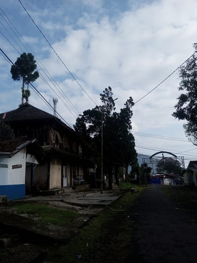 The image depicts a street scene in Mya Sit Kaing Ywar Thit, Myanmar. An old, two-story wooden building with a tile roof dominates the left side of the frame. Attached to the building is a small, single-story structure with a white and blue facade, labeled "ACK TOILET." The building's windows are open, and the structure appears weathered. Power lines stretch across the sky above the building.
To the right of the building, a row of tall, slender trees lines a narrow paved road. In the background, a metal archway is visible, as are smaller buildings. The foreground is dark, with overgrown vegetation. The sky is partly cloudy, suggesting daylight. No people are visible in the scene.