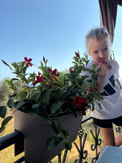 A young girl with blonde hair pulled back in a ponytail stands on a balcony in Dobra Voda, Montenegro, leaning forward to smell a red flower from a potted plant. She is wearing a white t-shirt with a black logo and black shorts. The plant, with dark green leaves and several red flowers and buds, is in a large gray planter attached to the balcony railing. The railing is made of black metal with decorative scrollwork. In the background, the clear blue sky meets the horizon line, with a hint of the sea and olive trees visible in the distance. Sunlight illuminates the scene.