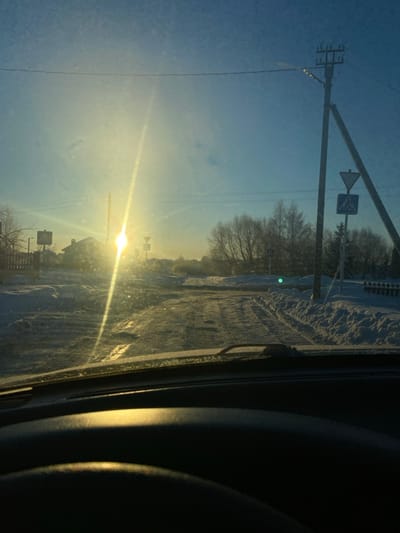 A sunlit winter scene is viewed from inside a vehicle. Snow lines the road beside bare trees and utility poles with road signs. Sunlight creates a glare. A car windshield and steering wheel are visible on the right.