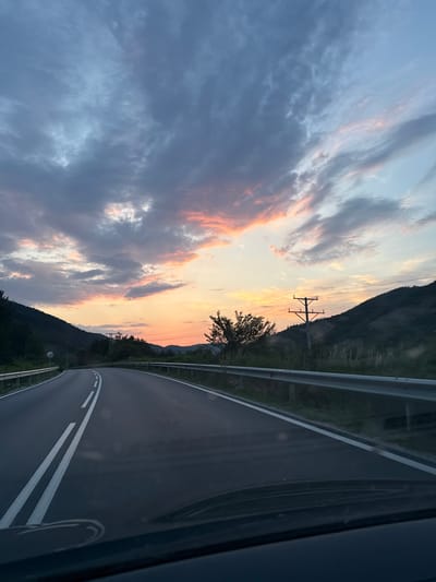 This is a vertical, medium-shot photograph taken from a vehicle, looking out at a highway curving through a mountainous landscape. The time of day appears to be either sunrise or sunset, as evidenced by the soft, warm hues of orange and pink in the clouds against a pale blue sky. Heavy, grey clouds are interspersed with these warmer tones, creating a dramatic and textured sky.
The highway, paved and marked with white double lines, curves to the right and recedes into the distance. A metal guardrail runs along the right side of the road. On the left side of the highway, a steep, tree-covered mountain slopes upwards, partially obscured by the angle of the shot. In the distance, a single tree stands out against the sky, and a power line pole with wires stretches across the landscape. The overall mood is serene and slightly melancholic, perhaps due to the muted colors and the solitary road. The location is Mesta, Bulgaria. There is no visible text in the image.