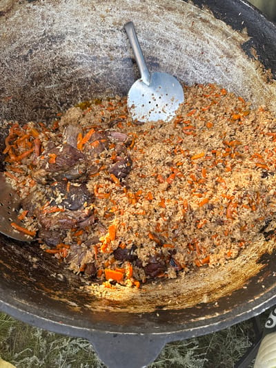 A high-angle, close-up shot shows a large, dark, cast-iron cauldron filled with plov, a rice pilaf. The plov is a mixture of cooked rice, diced carrots, and pieces of meat, likely lamb or beef, with some visible garlic cloves. A large, slotted metal spoon rests on the left side of the cauldron, partially submerged in the plov. The cauldron itself appears well-used, with a dark, seasoned interior showing some burn marks and wear. The exterior of the cauldron is also dark and rough. The background is out of focus, but appears to be an outdoor setting with dry, wispy grass and possibly some light-colored fabric or canvas, suggesting a picnic or outdoor cooking event. The lighting suggests it is daytime, possibly late afternoon or early morning, given the warm tones of the plov and the shadows. There are no people or text visible in the image. The scene evokes a sense of traditional, hearty cooking and communal dining in a rural or outdoor setting in Kazakhstan, consistent with the location context.