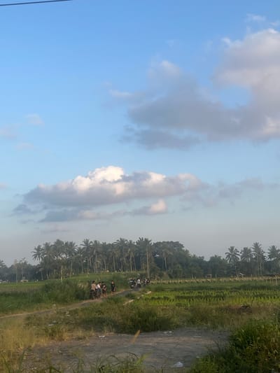 The image depicts a rural scene in Lendangnangka Utara, Indonesia. The sky is a clear blue with scattered clouds. A dirt road runs along the right side of the frame, bordered by lush green vegetation and a rice paddy. In the distance, a dense line of palm trees and other foliage creates a natural boundary. Several people on motorcycles are gathered on the side of the road, appearing to be conversing or taking a break. The lighting suggests it is daytime, possibly late afternoon, given the soft light. The overall atmosphere is one of tranquility and daily life in a tropical setting. There is no visible text in the image.