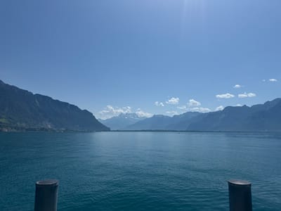 The image depicts a wide, serene body of water, likely Lake Geneva, in Montreux, Switzerland, under a clear blue sky with a few wispy clouds. The water is a deep, tranquil blue, with gentle ripples reflecting the sunlight. In the foreground, two dark, cylindrical mooring posts are visible, partially submerged in the water, suggesting a dock or harbor area.
The background is dominated by a majestic mountain range, its peaks softened by distance and a slight haze. The mountains are covered in lush green vegetation on their lower slopes, transitioning to rocky, barren summits. The left side of the mountain range shows evidence of human habitation, with buildings and what appears to be a road or railway track winding along the hillside. The overall impression is one of natural beauty and peacefulness, typical of the Swiss Alps region. The sun is high in the sky, casting a bright glare in the upper right portion of the image, indicating it is likely midday.