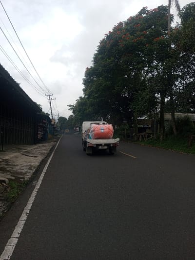 A road stretches into the distance under a cloudy sky. A flatbed truck carries a large orange load. Buildings line one side of the road, and trees the other. A broken yellow line divides the road. A white line marks the road's edge. Power lines run above the buildings. The road surface is dark asphalt. The trees have a canopy of green leaves with some orange flowers.