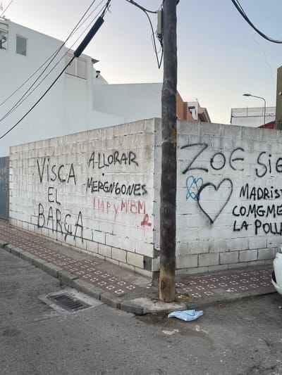The image depicts a graffiti-covered white brick wall in La Línea de la Concepción, Spain. The graffiti includes "VISCA EL BARÇA" and "ALLORAR MERENGONES IMPYMBM" on the left side, and "ZOE SIE MADRIST COMGMEM LA POLL" on the right. A wooden utility pole stands in front of the wall, obscuring part of the graffiti. The wall is located on a street with a patterned sidewalk and a storm drain. The sky is overcast.