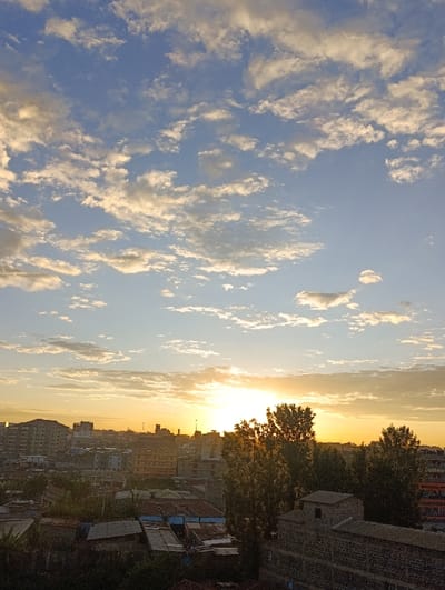 A cityscape view at sunrise or sunset. The sun casts a golden glow across buildings and silhouetted trees. The sky is filled with scattered, puffy clouds tinged with yellow and white against a blue background. The scene captures a blend of urban structures and natural elements under a bright, dramatic sky. Rooftops and buildings fade into the background as the sun illuminates the horizon.