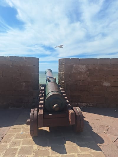 An antique cannon sits on a wooden carriage on a cobblestone path in front of a thick, weathered stone wall. The cannon is pointed towards a body of water, likely the Atlantic Ocean, which is visible between two sections of the wall. The sky above is a vibrant blue, dotted with wispy white clouds. A solitary bird is captured in flight against the expansive sky. The scene appears to be set in a historic fortification within the city of Essaouira, Morocco, known for its coastal ramparts. The light suggests it is daytime, with the sun casting distinct shadows on the ground.