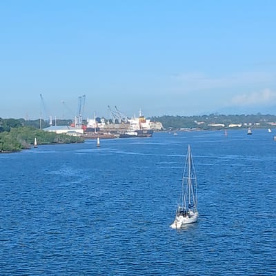 The image displays a panoramic maritime scene in Tanga Bay, Tanga, Tanzania. The upper portion of the frame features a clear, light blue sky. The majority of the image is occupied by calm blue water, exhibiting minor surface ripples. In the mid-foreground, slightly right of center, a white sailboat, likely a sloop, with its mast and rigging visible, appears stationary.
Along the distant shoreline, a significant industrial port is visible, characterized by multiple tall, blue-grey gantry cranes. Several large cargo ships or tankers are moored at the docks. To the left of the port facilities, a dense green landmass with lush vegetation extends into the water. Scattered across the bay, several navigational buoys are discernible, including white and orange/red markers. A smaller, dark-hulled vessel is visible on the water closer to the port structures. In the far background, a hazy horizon reveals faint outlines of distant hills or landmasses. No individuals are discernibly present within the frame.