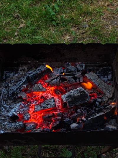 An overhead, medium shot captures a close-up view of hot embers and burning wood within a dark metal brazier, set against a backdrop of green grass. The brazier, a rectangular metal container with a serrated top edge, is filled with glowing red-orange embers and chunks of dark, ashen wood. Flames, mostly small and flickering, emanate from various points among the wood, with one larger flame arcing upwards on the left side. The embers are intensely bright, casting a warm light on the surrounding wood and ashes, which are predominantly grey and black. The grass in the background is slightly out of focus, appearing as a textured green surface with some fallen leaves scattered throughout. There are no people or animals visible in the image. The scene appears to be outdoors, possibly in a backyard or park setting. The location is identified as Sosny, Ukraine.