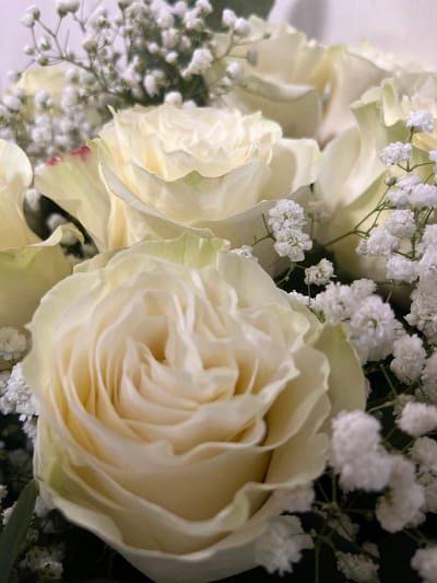 A close-up, shallow depth of field photograph shows a bouquet of white roses and baby's breath. The roses are the primary focus, with their soft, layered petals in shades of cream and pale yellow. The edges of some petals have a slight pinkish hue. Tiny white flowers of the baby's breath are scattered throughout the arrangement, providing a delicate contrast to the larger rose blooms. The background is dark and out of focus, emphasizing the texture and detail of the flowers. There is no indication of any specific location within Preobragenskaya, Russia.