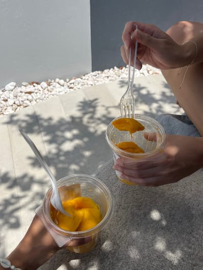 Two people are seated on a concrete patio in Ciudad Santa Catarina, Mexico, eating mango from clear plastic cups with plastic forks. One person holds a cup of mango in their right hand and uses the fork in their left hand to eat the fruit. The other person holds a cup of mango in their left hand and uses a fork in their right hand to eat the fruit. Both people are wearing bracelets on their wrists. The patio is covered in white gravel and there is a white wall and a gray wall to the left and right of the patio, respectively. The sun is shining brightly and casting shadows on the ground.