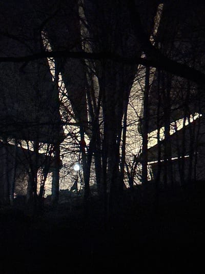 This nighttime image, captured in Sopot Urban Municipality, Serbia, depicts a scene dominated by silhouetted trees in the foreground against a brightly illuminated background structure. The trees, appearing deciduous and bare of leaves, form a dense, dark screen in the lower two-thirds of the frame, with their intricate branch patterns visible against the light source.
In the background, a large, multi-faceted architectural structure is prominently illuminated with a cool white light. On the left side, a broad, upward-sloping surface of the structure is visible, consistent with a concrete ramp or large architectural element. Towards the center-left, a distinct, bright circular light source is present, partially obscured by tree branches; its nature (e.g., full moon, powerful floodlight) cannot be definitively determined from the image. Below and slightly to the right of this circular light, a small, dark, triangular form, possibly a tent or shelter, is discernible against the illuminated background. To the right, another section of the background structure exhibits horizontal bands of light, suggesting multiple levels, windows, or architectural lighting accents.
No individuals or direct actions are visible. The environment appears to be a natural or semi-natural wooded area adjacent to a significant urban or industrial development.