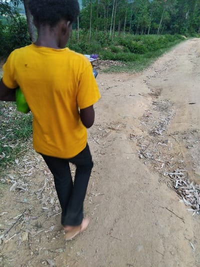 A person wearing a yellow shirt and black pants is walking on a dirt path. The path is surrounded by trees and vegetation. The person appears to be carrying a green object. The image is slightly tilted, giving a sense of motion or an unusual perspective. The ground is covered with dirt and some leaves.