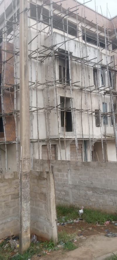 The image displays a multi-story building under construction in Ezinifite, Nigeria, viewed from ground level. The building features a predominantly light-colored, likely plastered facade, with sections of exposed red brickwork visible on the left side of its upper levels. An extensive, multi-tiered scaffolding system, constructed from bamboo poles lashed together, covers the entire visible front of the structure. Numerous dark, rectangular openings indicate uninstalled windows and doors across multiple floors; some upper-right windows show dark frames.
In the foreground, a low, unfinished wall made of grey concrete blocks spans horizontally. A tall, grey concrete utility pole or structural pillar stands vertically in the left foreground, extending past the lower building levels. To its right, a smaller concrete pillar is visible. The ground immediately in front of the wall consists of reddish-brown earth interspersed with patches of green grass and scattered debris, including plastic bags and other refuse. A white domestic fowl, consistent with a turkey or large chicken, with a visible reddish head and neck, stands on the ground near the concrete block wall in the lower right portion of the scene. No individuals are present in the frame.