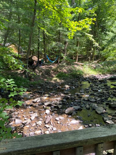 The image depicts a shallow, rocky stream flowing through a wooded area. The stream bed is filled with various sizes of rocks, with some areas showing a green, algae-like growth. The surrounding environment is lush and green, with dense foliage from trees and undergrowth. Sunlight filters through the canopy, creating dappled patterns on the ground and water.
On the left side of the stream, nestled among the trees, are elements of a campsite. A blue hammock is strung between two trees, and a dark-colored tent or shelter is visible further back, partially obscured by vegetation. There appears to be some blue tubing or piping running along the ground near the tent. A wooden railing or fence is visible on the right side of the image, suggesting a path or bridge overlooking the stream.
The scene appears to be set during the daytime, with bright sunlight indicating fair weather. The overall atmosphere is tranquil and natural, evoking a sense of outdoor leisure or camping. There is no visible text in the image. The location is identified as Washington Township, USA.