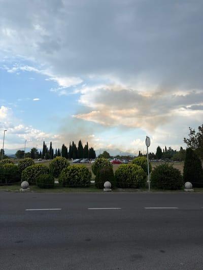 The image depicts an outdoor scene with a road on the right side and a sky with clouds on the left. A row of well-maintained green bushes lines the edge of the road. In the background, there are trees, a parking area with several cars, and distant mountains. A street lamp is visible in the middle ground. The sky is partially filled with large, fluffy clouds, some of which are tinged with a yellowish-brown hue, suggesting smoke or dust in the atmosphere. The lighting indicates it is likely late afternoon or early evening. The scene appears calm and scenic, with no explicit activity or people clearly visible. The overall impression is one of a roadside view with natural elements and signs of human presence through the road and parked vehicles. The location is contextually identified as Golubovci, Montenegro.