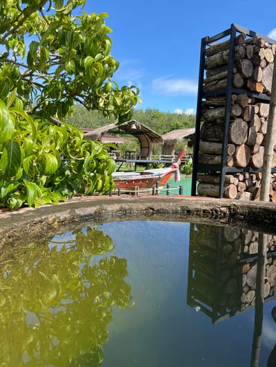 The image depicts a peaceful outdoor scene in a tropical setting, likely in Thailand given the location context. The foreground features a textured, rough-hewn wooden beam, possibly part of a railing or structure, positioned horizontally. Adjacent to it is a body of calm water, reflecting the surrounding greenery and the blue sky. The water has a slight yellowish tint, suggesting it might be a pond or a shallow pool with algae or sediment.
Behind the water, a collection of neatly stacked logs is visible, contained within a black metal frame. These logs vary in size and diameter, showcasing different wood grains and textures.
Further into the scene, a colorful boat with ornate decorations and colorful ropes is partially submerged or docked in the water. The boat has a traditional design, suggesting it could be a longtail boat common in Southeast Asia. Behind the boat, a thatched-roof structure, possibly a hut or a pavilion, is visible amidst lush green foliage. The trees are dense and verdant, typical of a tropical environment.
The sky is a clear, bright blue with a few wispy white clouds, indicating fair weather and likely daytime, possibly mid-morning or afternoon. The overall atmosphere is serene and tranquil, evoking a sense of relaxation and natural beauty. No people are visible in the image, and there is no visible text.