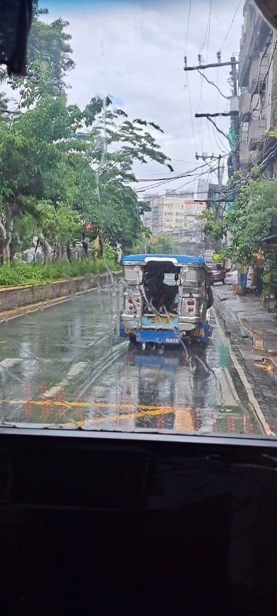 A rainy day scene captured from inside a vehicle in Mandaluyong City, Philippines. The image focuses on a blue and silver jeepney driving on a wet street. Raindrops are visible on the windshield, distorting the view slightly. Trees line the left side of the street, with a retaining wall visible below them. Buildings and electrical wires are present in the background. The overall atmosphere is overcast, indicative of the rainy weather.