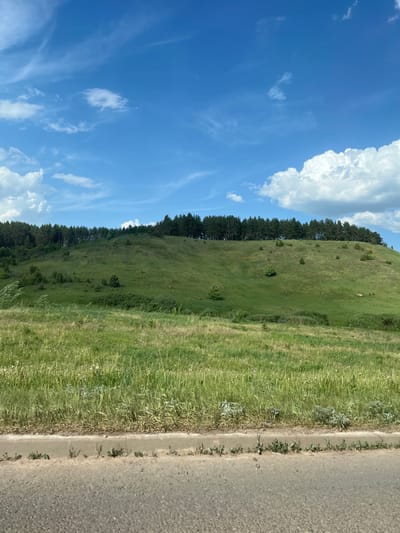 The image depicts a rural scene, likely in the vicinity of Соколовка, Russia, characterized by a grassy hillside fringed with a line of trees. The left of the image features a blue sky with scattered white clouds. Adjacent to the hillside, on the right of the image, is a paved road. No people, actions, or interactions are visible in the scene.