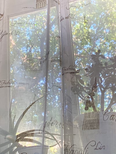 The image depicts a close-up view of a sheer curtain with a printed pattern of landmarks and text, superimposed over a sunlit window. The pattern features architectural sketches of what appear to be famous buildings and script lettering. Through the translucent fabric, the blurry green foliage of trees and dappled sunlight are visible, suggesting an outdoor environment beyond the window. A potted plant is partially visible in the lower left corner. The lighting creates a soft, diffused effect. The image does not contain any information to suggest its location in Veselynove, Ukraine.