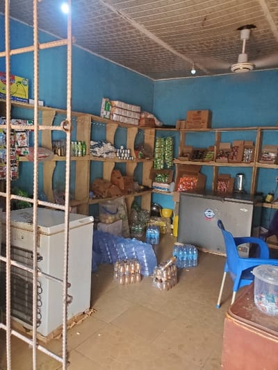This image depicts the interior of a provision shop located in Ofugu-Inye, Nigeria. The perspective is from just inside an entrance, partially obstructed on the left by a vertical metal security grille or gate.

The room features light blue painted walls and a white, textured ceiling from which a white ceiling fan and a single bare lightbulb are suspended. The floor is covered with light brown patterned tiles.

Along the left and back walls, unpainted wooden shelves display various packaged goods, including yellow boxes (one labeled "INDOMIE"), white rectangular packages, small green-capped bottles, and numerous brown cardboard boxes containing assorted products. On the floor, multiple bundles of clear plastic water sachets and several cases of bottled beverages are stacked.

Towards the left side of the room, a tall, white refrigeration unit with a visible side grille stands in the foreground, near the security bars. Further back, against the right wall, a large, silver-colored chest freezer with a blue circular logo is present. A single blue plastic chair with silver legs is positioned in front of this freezer. The lower right foreground shows a portion of a light brown table or counter with a transparent plastic container on it. No individuals are visible in the scene, and no specific actions or interactions are depicted.