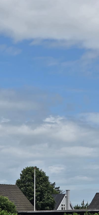 This is a vertical, outdoor, full shot image taken in Hjørring, Denmark. The upper two-thirds of the image are dominated by a blue sky with scattered clouds, some of which appear to be cumulus. The bottom third of the image shows the rooftops of houses and a large, green deciduous tree. A tall, white flagpole with a red cap stands prominently in front of the tree. The roofs are tiled, with one house featuring a gray facade and a chimney with a white window frame. The overall impression is a clear, partly cloudy day with residential buildings visible.