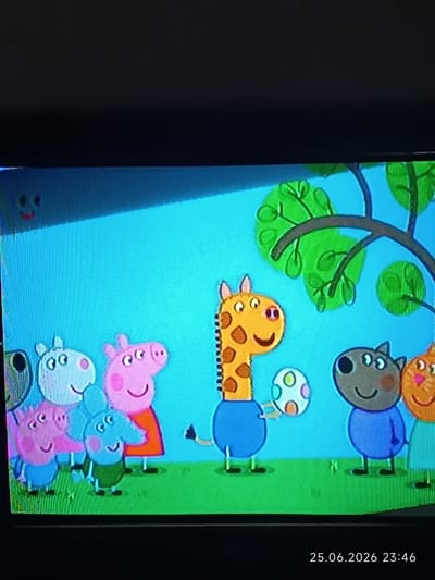 A digital image displays a cartoon scene with several animal characters on a grassy field with a blue sky background and a tree. On the left are two light pink pigs, one with a blue shirt and the other with an orange dress. Next to them is a light blue elephant in a green outfit. In the center, a yellow giraffe wearing a blue shirt holds a colorful ball with green, white, and pink circles. To the right of the giraffe are a gray dog-like character in a blue shirt and an orange cat-like character. The scene appears to be from a children's television show. A date and timestamp, "25.06.2026 23:46", is visible in the bottom right corner. The image does not contain any information that would place it in Bolhrad, Ukraine.