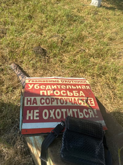 The image shows a weathered red and white sign lying on dry grass. A black woven bag with a strap rests on top of the sign, partially obscuring it. The sign appears to be outdoors, likely in a rural or natural setting, given the grass and the overall rustic appearance. The lighting suggests it is daytime, with sunlight casting shadows.
The visible text on the sign is in Russian and reads: "УВАЖАЕМЫЕ ОХОТНИКИ УБЕДИТЕЛЬНАЯ ПРОСЬБА НА СОРТОУЧАСТЕ НЕ ОХОТИТЬСЯ!". This translates to "Dear hunters, a sincere request: do not hunt in the sorting area!". The message is a clear prohibition against hunting in a specific location, likely an area designated for sorting or processing game. The sign's condition, with peeling paint and visible wear, indicates it has been exposed to the elements for some time. The presence of the bag suggests a person was recently there, possibly a hunter or someone responsible for posting or checking the sign. The setting, with dry grass and muted tones, points towards a warmer season or a dry climate. There are no people visible in the image.
