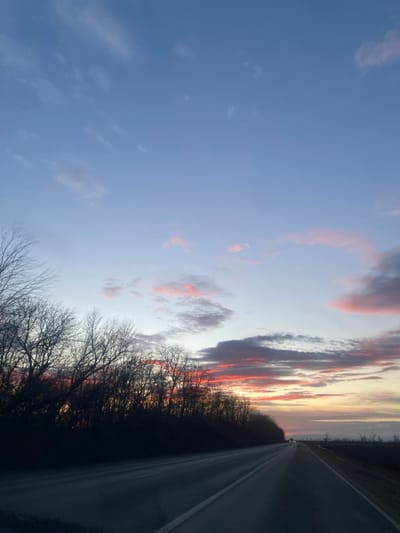 A picturesque dusk scene showcases a highway stretching into the distance, flanked by a line of silhouetted trees devoid of leaves. The sky transitions from a soft blue to vibrant oranges and reds, capturing the setting sun's fiery display. Streaks of clouds, tinged with pink, add depth to the colorful sky. The roadway reflects the dimming light, adding a serene, almost ethereal quality to the overall image.