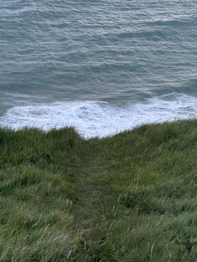 This aerial or elevated shot captures a dramatic coastal scene in Fécamp, France, where a verdant cliff meets the open sea. The image is divided vertically, with the left side showcasing the ocean and the right side featuring the land.
The sea, rendered in shades of blue and grey, exhibits a textured surface with numerous ripples and gentle swells, suggesting subtle movement and a reflective quality under diffused light. Along the boundary with the land, a dynamic line of white, frothy waves crashes against the cliff base, indicating the constant interaction between the water and the shore.
The cliff edge is densely covered in long, untamed green grass, some of which appears to be swaying or flattened by wind. The texture of the grass is rich and detailed, highlighting individual blades and clumps that form a rugged, natural edge. There are no signs of human development, structures, or pathways on the land.
The lighting is soft and diffused, implying an overcast day or possibly a time of day like dawn or dusk, as there are no harsh shadows. No people, animals, or man-made objects are visible, emphasizing the raw, untamed beauty of the natural landscape. There is no visible text within the image.