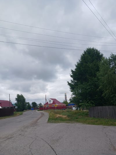The image depicts a rural road in Prokudskoye, Russia, under a cloudy sky. The road is asphalt and curves to the left, bordered by a grassy shoulder and a wooden fence on the right. On the left side of the road, a house with a red roof is visible, partially obscured by trees and a dark fence. Further down the road, another house with a red roof and white trim is present, with a yellow diamond-shaped sign nearby. Tall, dense evergreen trees dominate the right side of the frame, with a few deciduous trees scattered behind them. In the distance, a tall, slender tower with a blue top is visible above the trees. Power lines stretch across the sky. The environment appears to be a residential area within a rural or semi-rural setting. There are no people or animals present in the image, and no actions or interactions are depicted.