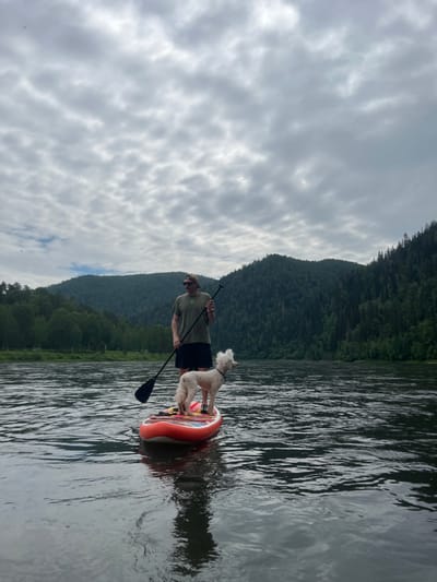 In Manskii, Russia, on a cloudy day, a person stands on an orange stand-up paddleboard with a dog. The person is wearing a green t-shirt, black shorts, sunglasses, and a baseball cap, and is holding a paddle. The dog, a white poodle mix, stands facing the person. The paddleboard is on a dark, rippling body of water, with a reflection of the board and its occupants visible. In the background, a lush green forested hillside rises from the water's edge, disappearing into the overcast sky.
