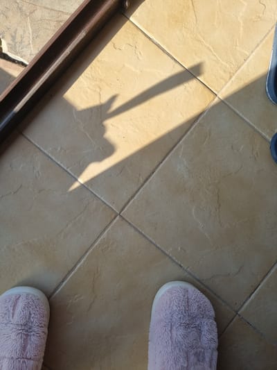The image shows a section of tiled floor indoors. The tiles are a light brown color with a slightly textured surface. There is a shadow cast across the floor from an unseen source. A portion of a dark brown wooden or composite frame is visible in the lower-left corner. Two pink fuzzy slippers are partially visible in the upper-right and lower-right corners of the image. A part of a dark shoe is at the top of the frame, near the left side. The location in Chirpan, Bulgaria is unknown without further information.