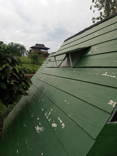 The image displays an outdoor scene in Abbireddygudem, India, under an overcast sky. The foreground is dominated by a steeply angled, dark green structure, likely a roof or wall, clad with wood-grain textured panels. This surface exhibits extensive wear, with numerous patches of peeled lighter-colored material. Two open, triangular vents are present along its upper edge. To the left, dark green foliage from a bush or tree is partially visible. In the midground, a gently sloping terrain covered in green vegetation, possibly a cultivated field, is visible. The background features a multi-story building with a distinctive, dark, multi-tiered traditional roof and an open balcony, positioned on a higher elevation. A second, lighter-colored building with a sloped roof is partially discernible to the left of the primary background structure. No individuals are present, and no actions or interactions are depicted.