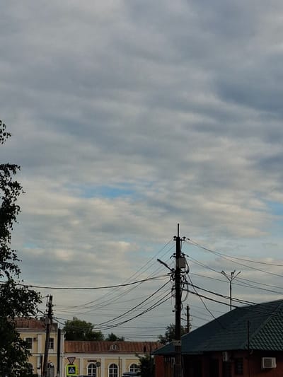 The image captures a street scene in Grigorovo, Russia, dominated by a cloudy sky. In the foreground, a dark utility pole with a complex network of electrical wires is prominently displayed. To the left, the dark foliage of a tree partially obscures the view. In the middle ground, several low-rise buildings with light-colored facades and reddish-brown roofs are visible. One building has arched windows, and another has a dark green, tiled roof. A pedestrian crossing sign with a yellow triangle and a white pedestrian symbol is present on the left side of the road. Further in the background, another utility pole with streetlights stands on the right. The overall environment suggests an urban or semi-urban setting under overcast conditions. There are no discernible people or animals in the frame.