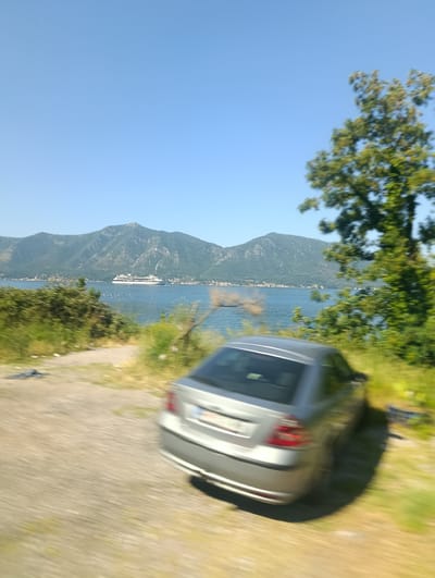 The image, taken on a clear, sunny day in Donji Orahovac, Montenegro, captures a motion-blurred scene of a silver sedan driving on a gravel road alongside a body of water. In the distance, lush green mountains rise, their slopes dotted with buildings. A large white cruise ship is visible in the bay, with a flock of birds scattered on the water. A large tree with dense green foliage stands to the right of the frame, its leaves blurred by motion. The foreground features the gravel road and green grass, with the rear of the silver sedan prominently featured as it moves away from the viewer. The sky is a clear, bright blue.