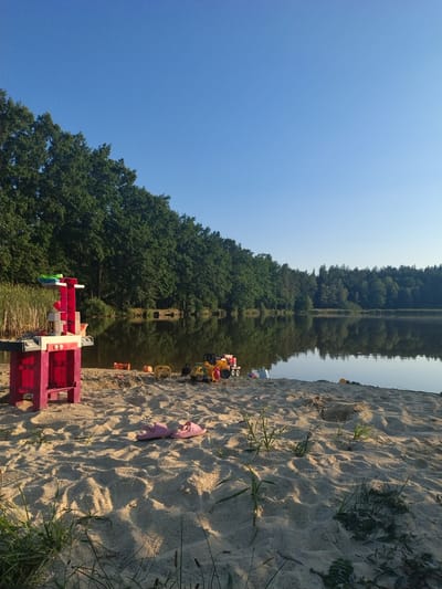 The image depicts a sandy beach area bordering a calm lake. The sky is a clear, bright blue. A dense line of green trees forms the background along the far shore of the lake, their reflections visible on the water's surface. In the foreground, on the sand, are various children's toys, including a pink play kitchen with plastic accessories, several toy construction vehicles (a yellow truck, a red and yellow truck, and a smaller yellow vehicle), and a pale pink pair of flip-flops. There are also some plastic balls and a white bucket scattered on the sand. The sand itself is light in color and shows indentations and small patches of green grass growing through it. The lighting suggests it is either early morning or late afternoon, with long shadows cast across the sand. The scene appears to be in a natural, outdoor setting, likely a recreational area.