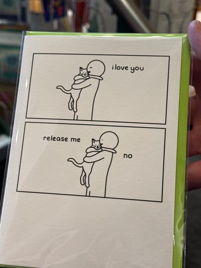 A vertically oriented greeting card, encased in a clear plastic sleeve, is presented against a blurred retail background in Ambleside, United Kingdom. The card's white front features a two-panel black-and-white comic strip. The top panel depicts a minimalist stick-figure human embracing a stylized cat, with the text "i love you" in the upper right. The bottom panel shows the same human maintaining the embrace with the cat, which has an open mouth; text to the left reads "release me", and text to the right reads "no". A bright green vertical strip is visible along the right edge of the card, beneath the plastic. A human hand, with visible thumb and index finger, grips the card's right side. The background exhibits indistinct shapes and colors, suggesting various items on display within a store.