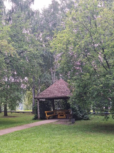 A wooden gazebo with a brown, shingled roof is situated in a grassy park, surrounded by lush green trees. Inside the gazebo, there is a wooden picnic table and benches. A paved walkway leads up to the gazebo. In the background, a metal pipe runs horizontally across the scene, and a distant building can be seen. The sky is overcast. The sign on the gazebo reads "ЛЕСНАЯ БЕСЕДКА №1".