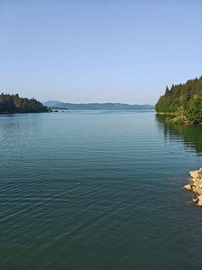 This is a wide, eye-level shot of a large, calm body of water, likely a reservoir, extending into the distance. The water is a deep teal color with subtle, horizontal ripples. The sky above is a clear, pale blue. On the left side of the frame, a tree-covered hillside slopes down towards the water. On the right side, another dense, green tree-covered hillside comes closer to the water's edge. In the far distance, a series of hazy blue mountain ranges are visible. The foreground right shows a small area of rocky shoreline with tan-colored stones. The scene appears tranquil and natural, with no people or man-made structures immediately visible, except for thin power lines crossing the frame over the trees on the left and right. The image is likely taken in or near Kharistvala, Georgia, given the description of the environment.