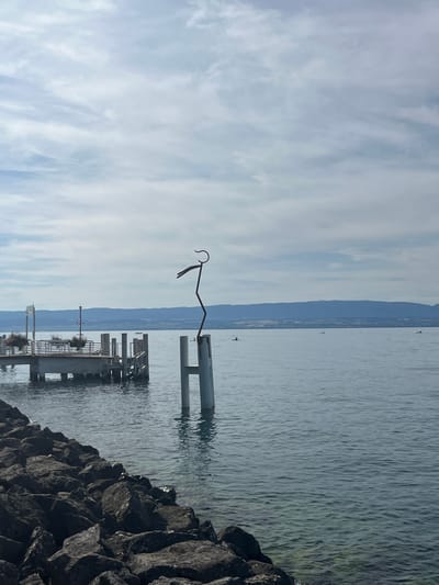 The image depicts a view of a lake with a pier and a sculpture in the foreground. The sculpture is a slender, abstract human-like figure made of dark metal, standing on a cylindrical white post in the water. The pier, made of metal and wood, extends from the left side of the frame towards the water. A rocky shoreline is visible in the lower left quadrant of the image. The water is calm and reflects the sky, which is partly cloudy. In the distance, a hazy mountain range forms the horizon. There are a few small boats and individuals on the water, and a couple of birds are perched on the rocks. The scene appears to be in Évian-les-Bains, France, known for its lakefront promenade and public art.